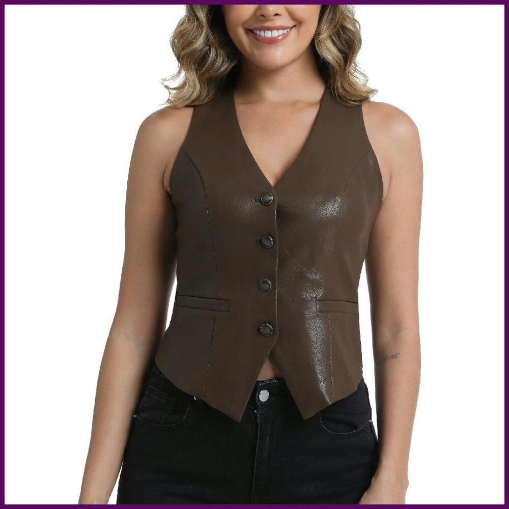 Women's PU Leather Vest Sleeveless V-Neck Waistcoat Button Front